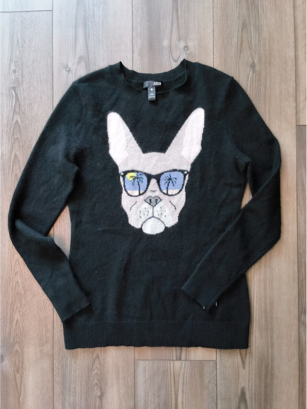 Aqua Cashmere Black Sweater Dog Graphic, 100% Cashmere, Size S